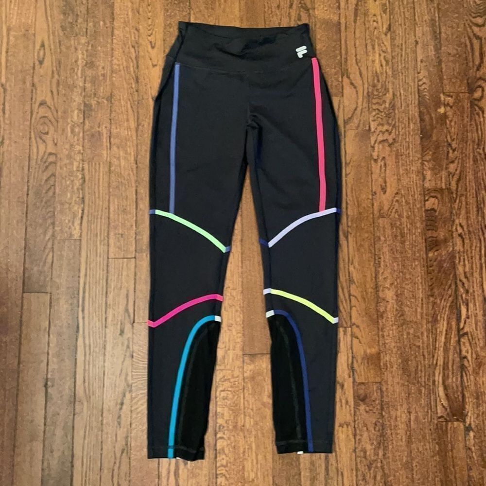 FILA Sz M Neon Stripe Mesh Accent Yoga Pants